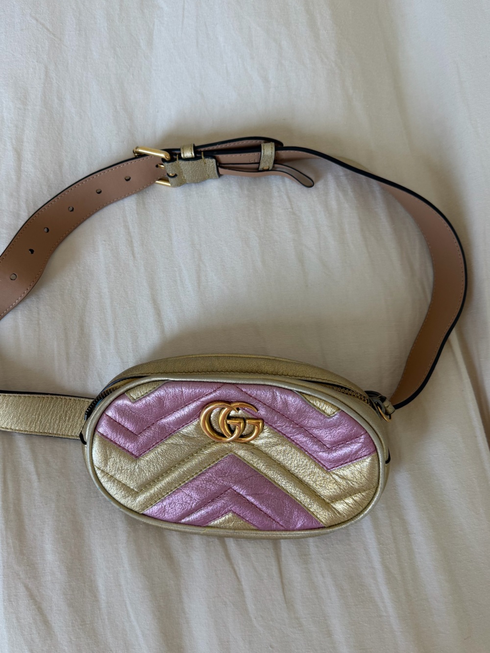 Gucci Gold and Pink Chevron Quilted Belt Bag - Picture 1 of 4